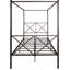 Lit plateforme en métal noir avec auvent. Et fiable. Surface de couchage silencieuse. Généreux sous l'espace de rangement. Facile à assembler. 12. Supporte un cadre fiable de 400 à 600 lb. Transport silencieux