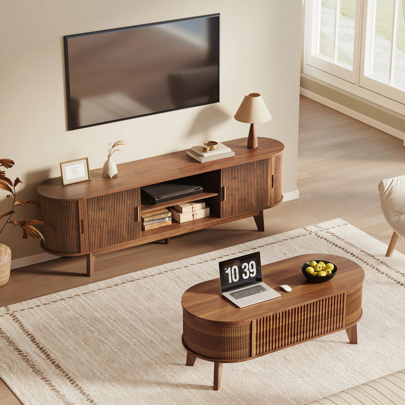 TV Stand and Coffee Table Set, living room table set, Oval Lift Top Coffee Table & TV Console Table, Noyer