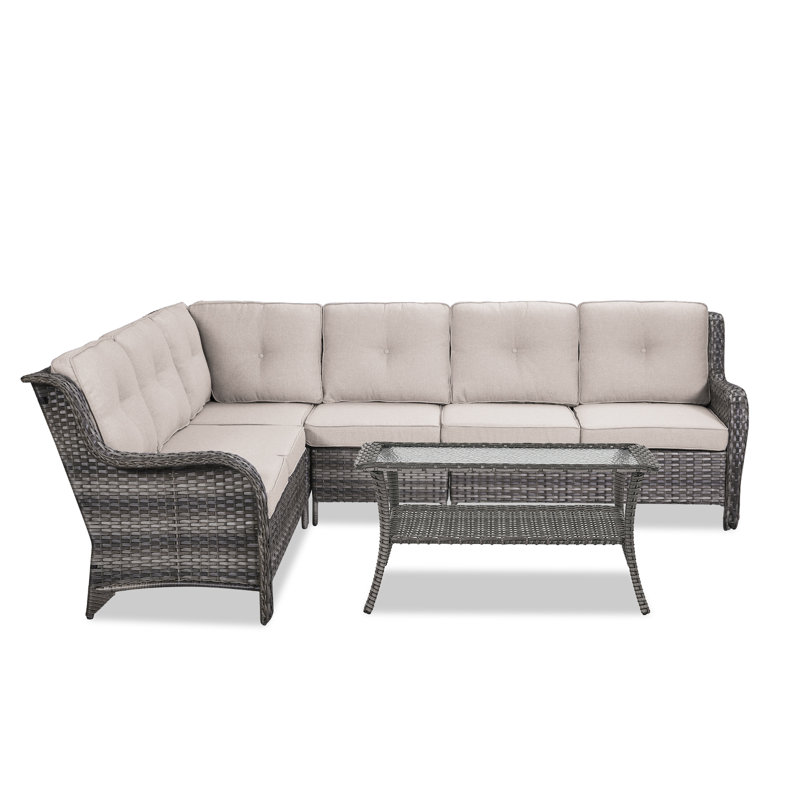 Ensemble de conversation modulaire en rotin pour 6 personnes avec coussins, Beige, Gris