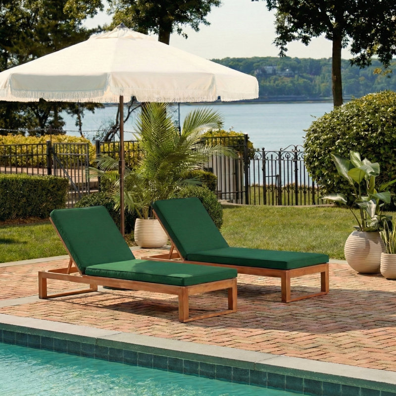 Faunce Outdoor Eucalyptus Wood Chaise Lounge , Cushion Included, Natural, Green
