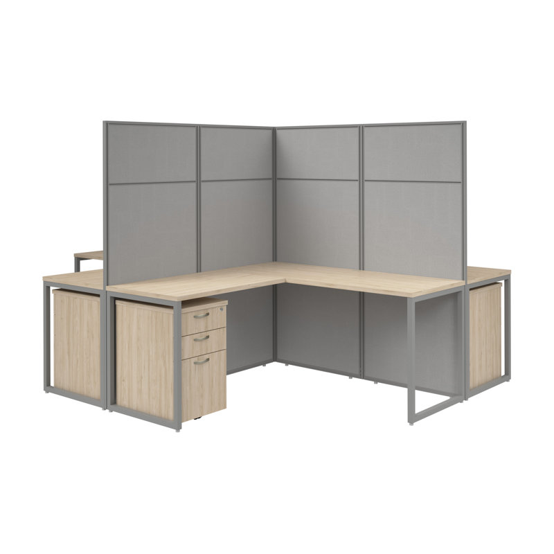 Easy Office 4 Person L-Shaped Desk with Drawers and Panels Cubicle - Reversible, Natural Elm