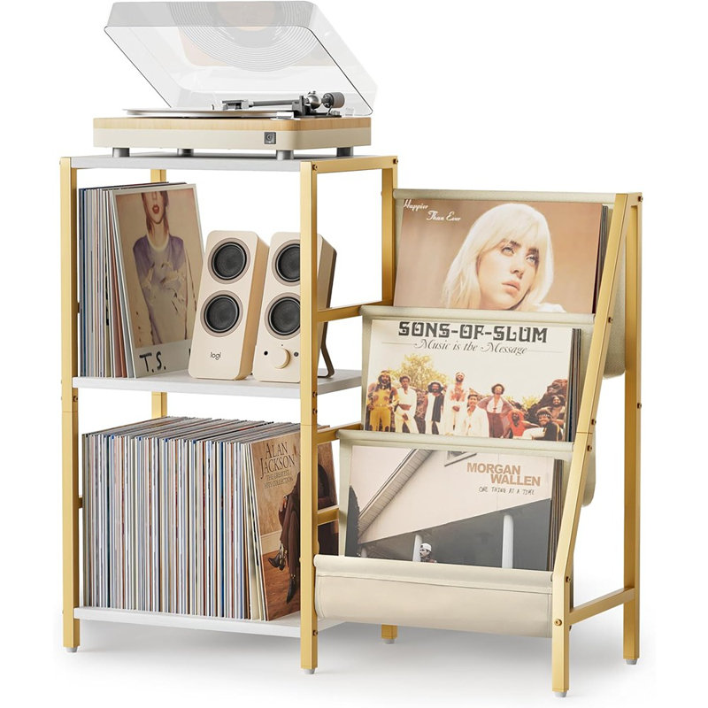 Support pour tourne-disque, support pour tourne-disque avec rangement à 3 niveaux pour disques vinyles, Blanc / Doré