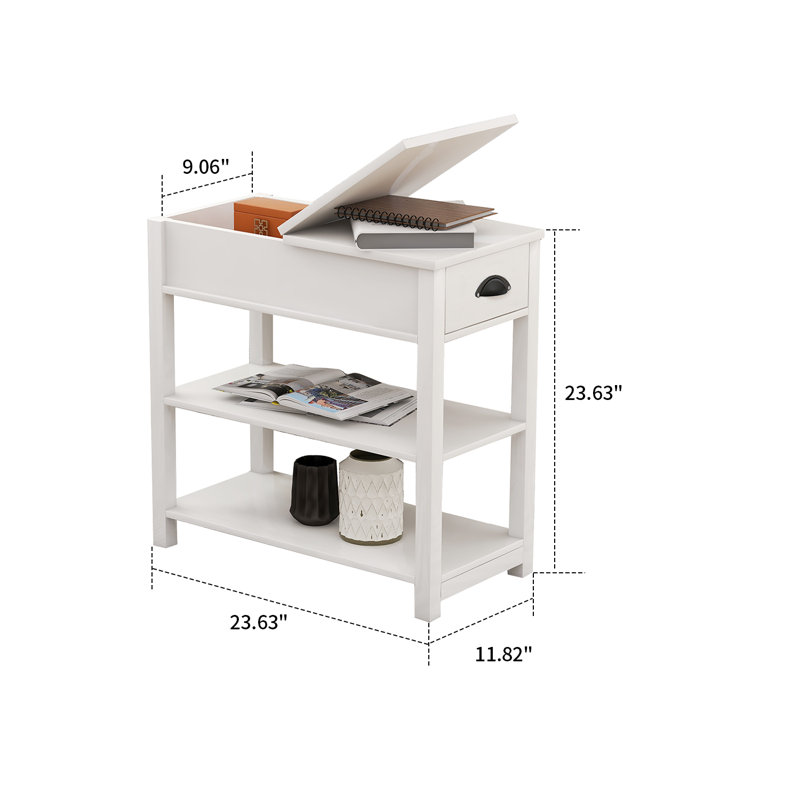 Elegant Style Compact Narrow Side Table End Table with Flip Top, Drawer and 2  Shelves for Living Room, Bedroom, White