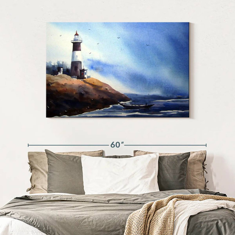 Bateau au bord de la mer, phare, H 32 po x l 48 po
