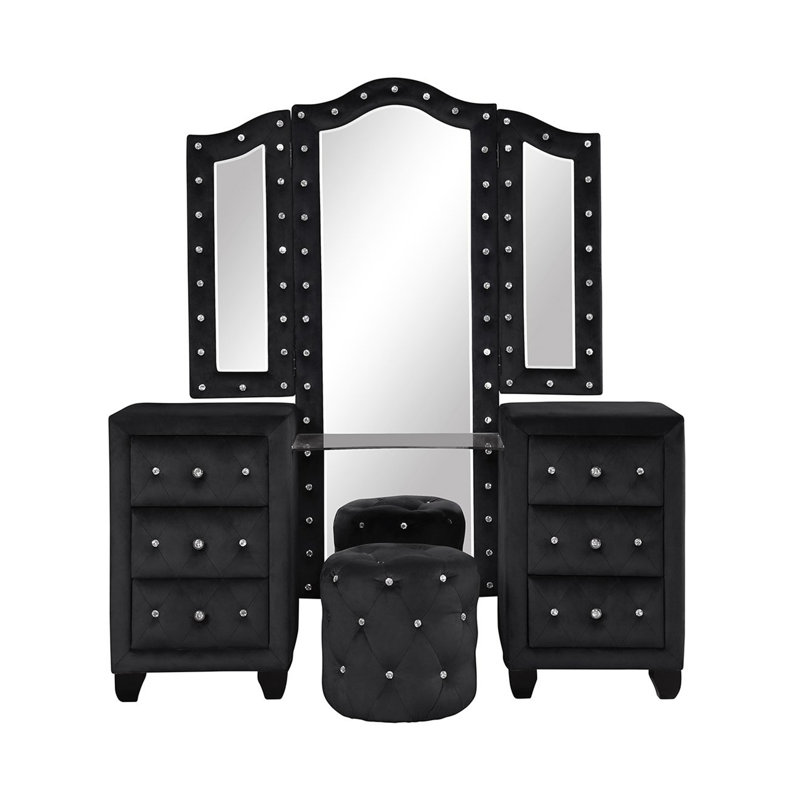 Ensemble de meuble-lavabo capitonné en cristal de style moderne avec 6 tiroirs et tabouret, fini en velours de bois, Noir