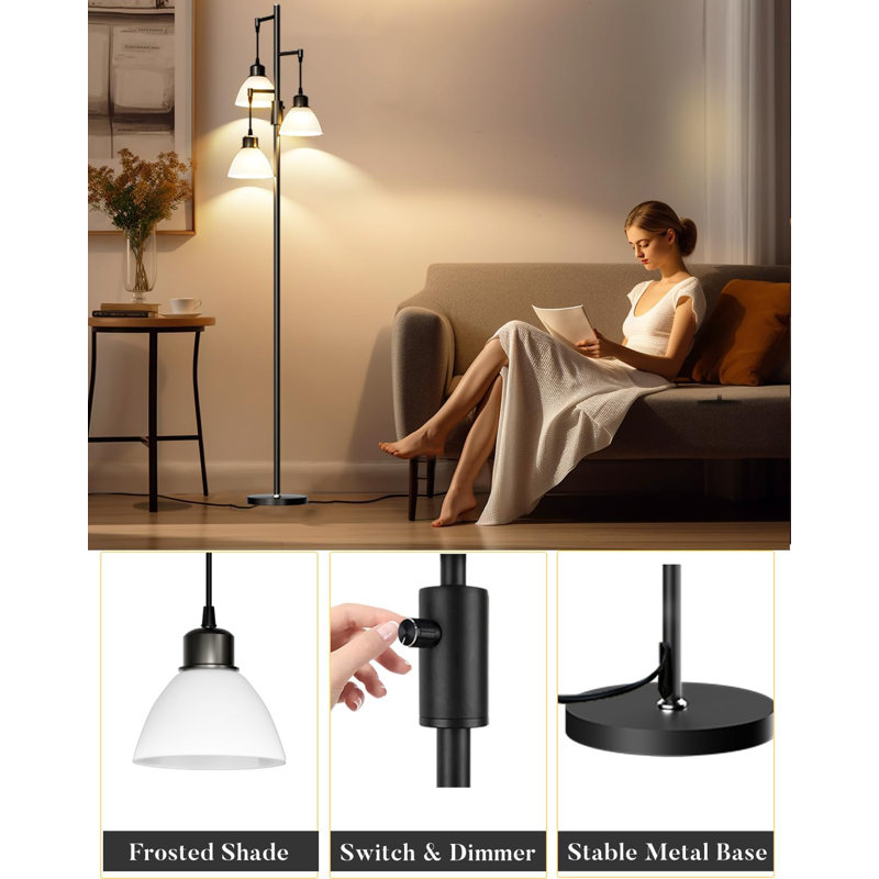 Lightdot 67-Inch Dimmable Floor Lamp, Mid Century Modern Tree Design With 3 PC Lampshades, Black Standing Lamp For Living Room, Bedroom, Corner, Includes 3 E26 LED Bulbs