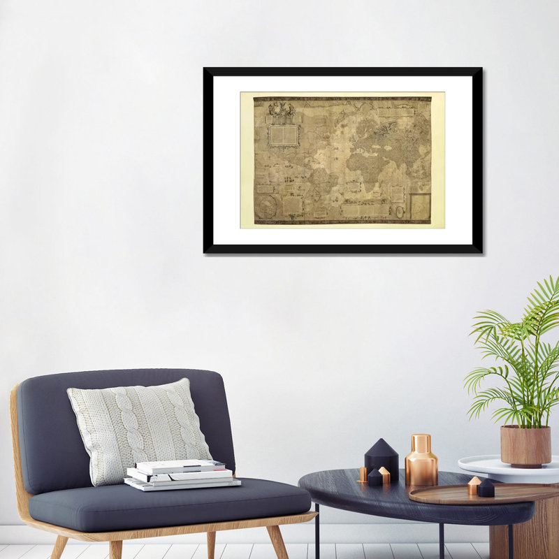 «Or bis Terrae Descriptio» par Gerardus Mercator, impression sur toile, Papier avec cadre noir, Blanc