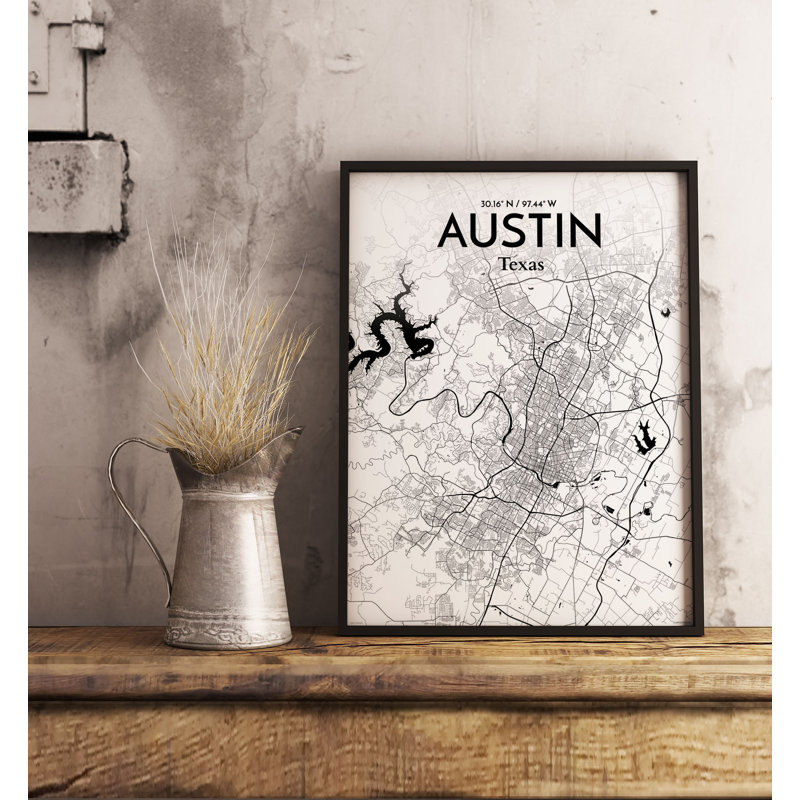 Austin City Map - No Frame Print, 61cm H x 45.7cm W x 0.13cm D, Grey/Black