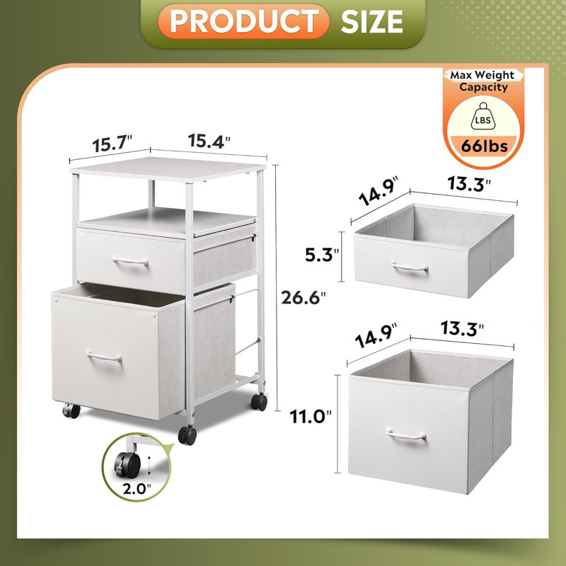 Classeur mobile 2 tiroirs, classeur vertical en tissu avec tablette de rangement ouverte, support pour imprimante à roulettes
