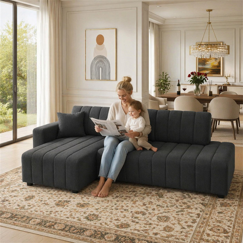 Canapé modulaire en laine faisant face à gauche avec méridienne, Gris foncé, Orienté vers la gauche