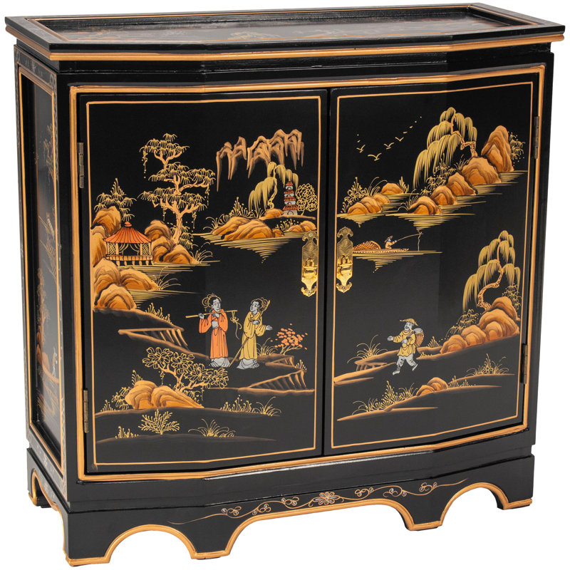 Black Lacquer Hand-Painted Landscape Wood Sideboard
