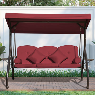 3-Seat Patio Porch Swing With Adjustable Canopy - Outdoor Swing Featuring Three-Position Backrest, Large Convertible 3-In-1 Swing Bed, Thickened Cushions, Pillows, And Cup Holders Porch