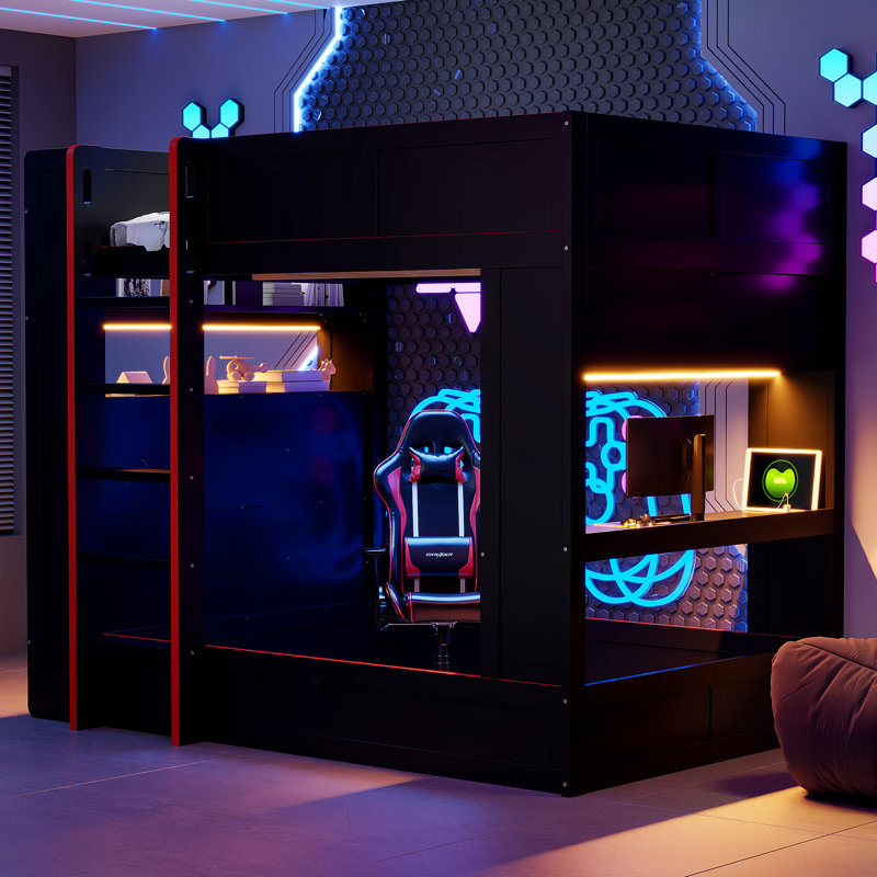 Lit superposé double en bois avec bureau, DEL, tablettes de rangement, station de charge, noir