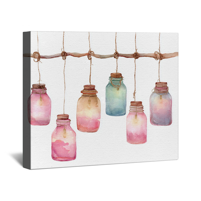 Pots de verre suspendus, aquarelle sur toile tendue en plusieurs tailles, 12 x 12 pouces