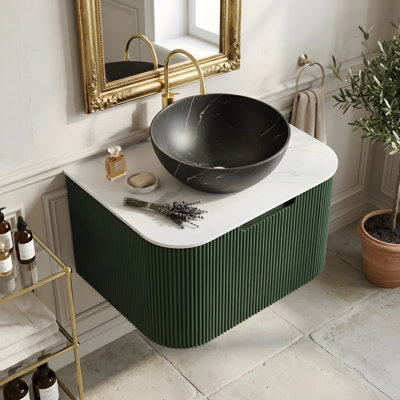 Meuble-lavabo 24 po, armoire de salle de bain en contreplaqué rayé à bords arrondis avec tiroir, vasque en céramique noir mat et plateau en pierre frittée, pré-assemblé, couleur vert foncé