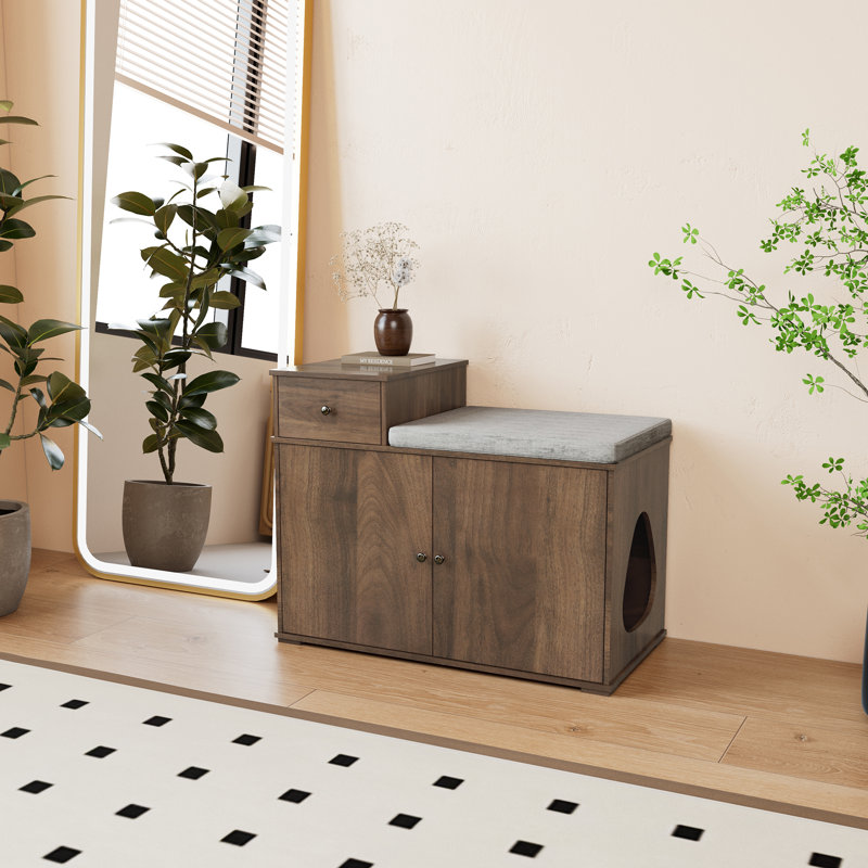 Durasoff Litter Box Enclosure With Top Opening and Cushion Cat House, Dark Walnut 
