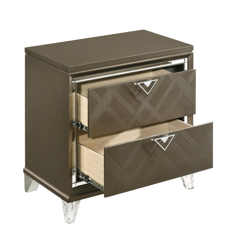 Table de chevet moderne champagne foncé avec deux tiroirs et une construction lisse
