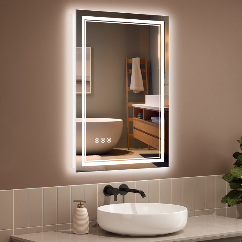 LED Lighted Bathroom Mirror: Front and Backlit, Tempered Glass, 3 Colors, Dimmable, CRI 90+, Defog, 32" x 24"