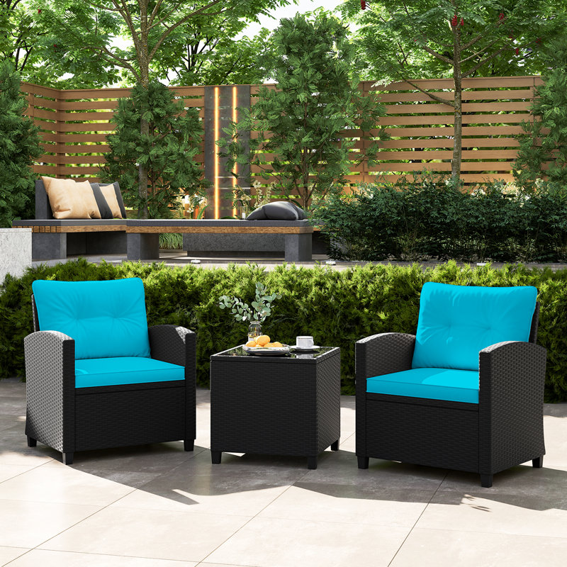Ensemble de 3 meubles de patio avec coussins lavables pour table basse en verre trempé, Turquoise