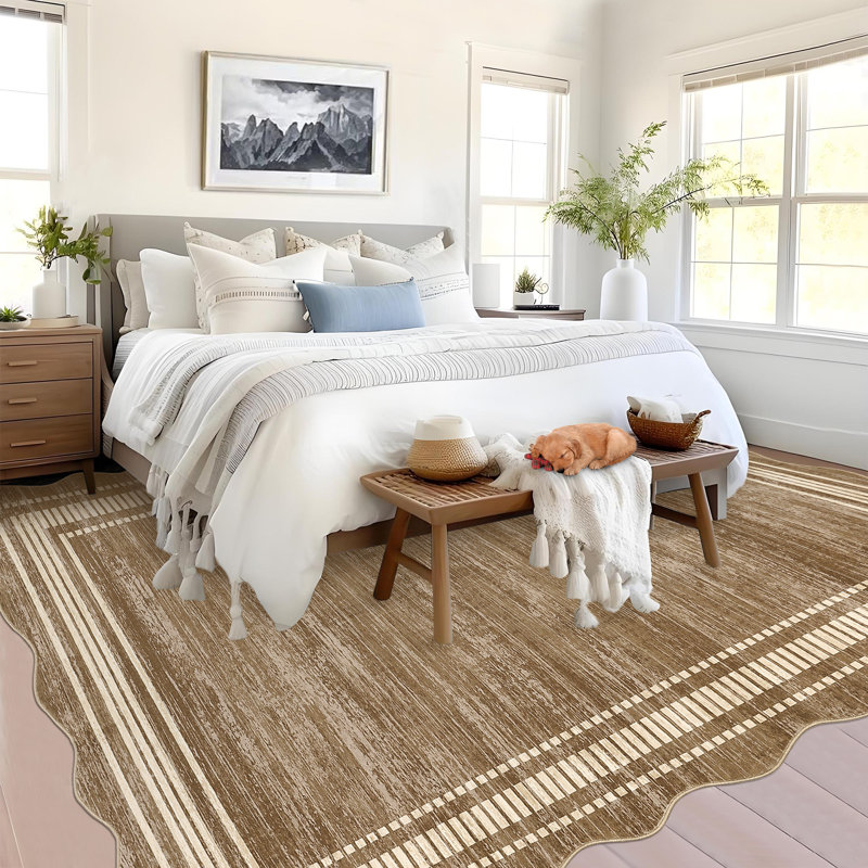 2x6 FT Area Rug, Modern Striped Border Accent Rug, Machine Washable Low Pile Non-Slip Indoor Carpet for Entryway, Bedside, Dorm, Living Room, Beige