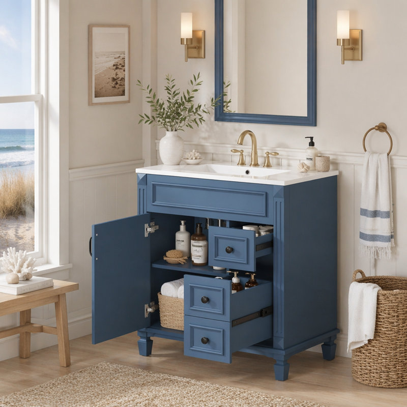 Meuble-lavabo 30 po avec lavabo en céramique, Bleu