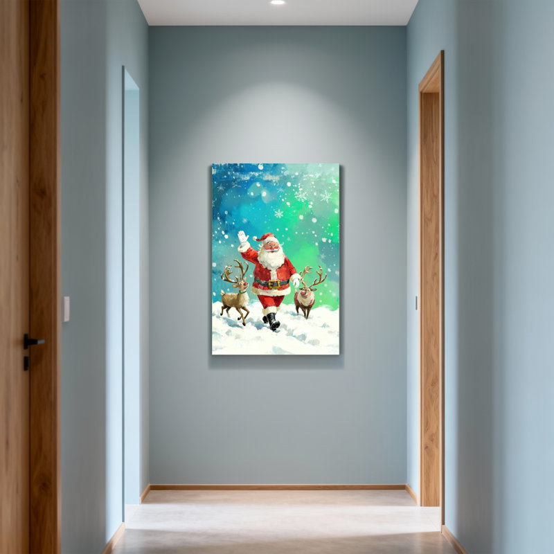 Noël père Noël qui court avec des rennes dans la neige, H 18 po x l 12 po