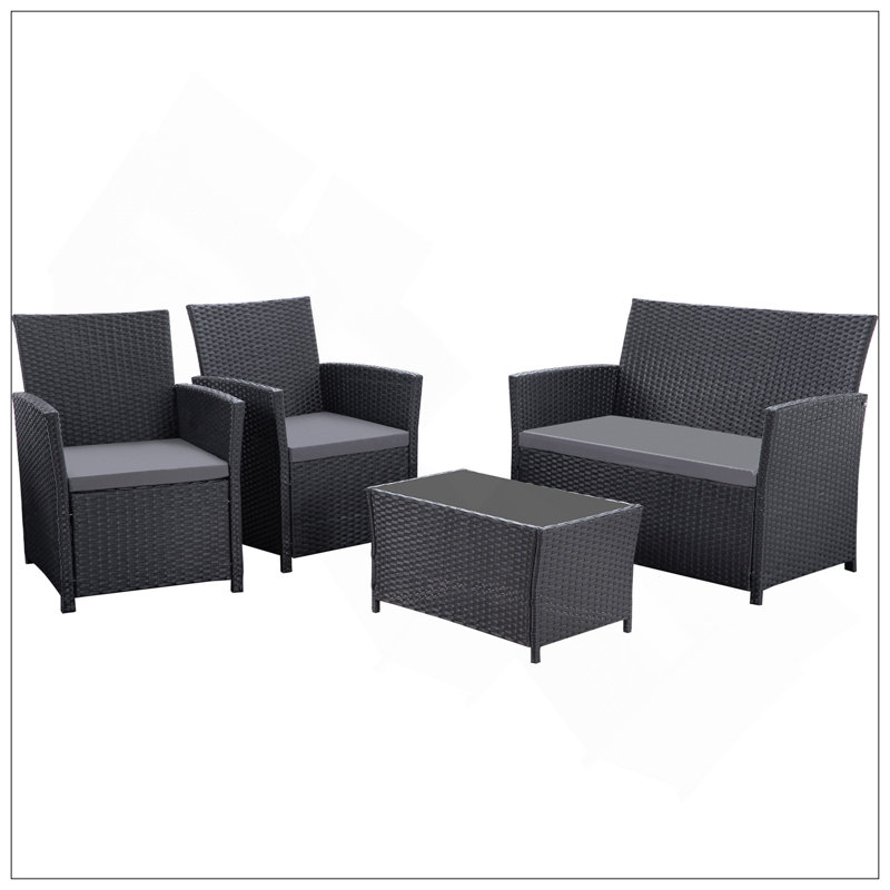 Ensemble de meubles d'extérieur en osier 4 pièces, canapé modulaire en rotin de patio avec coussins lavables, Noir, Noir