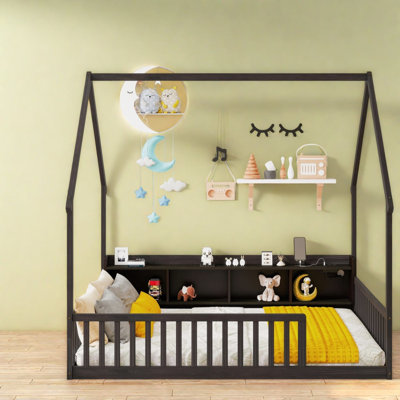 Beds with Storage, Full Pine Wood House Floor Bed for Modern Home