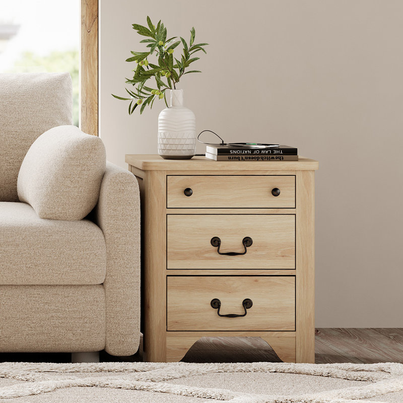 Farmhouse Wood Nightstand With Built-In Charging Station,3-Drawer End Table For Bedroom, Living Room,Entryway, Oak
