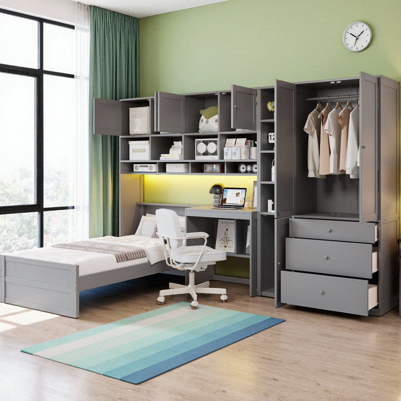 Lit mezzanine simple en bois avec bureau intégré, garde-robe, tablettes et tiroirs, éclairage à DEL intégré, meuble tout-en-un complet pour la chambre à coucher, conception peu encombrante
