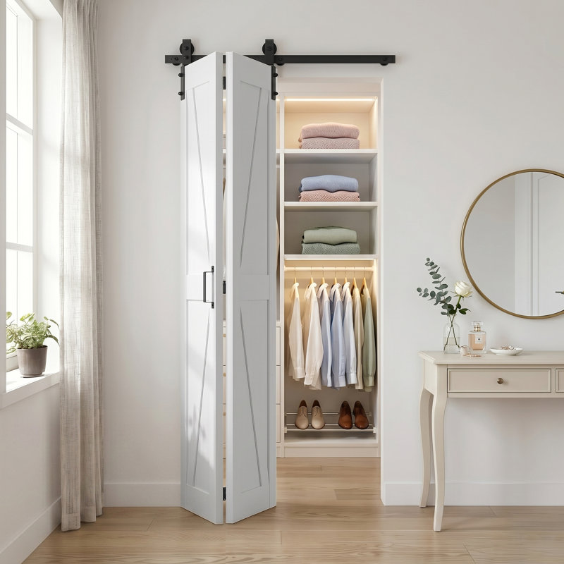 Porte de grange pliable en bois manufacturé de 84 po avec trousse de quincaillerie d'installation, 28 po x 84 po
