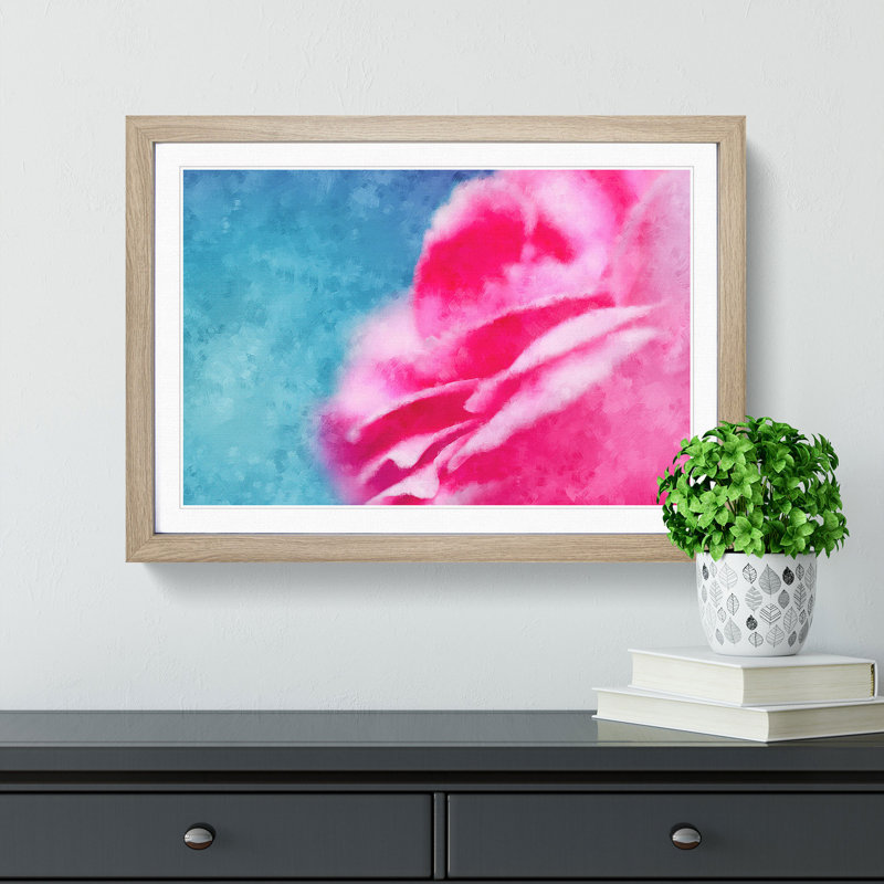 Pink Carnation on Blue - Picture Frame Painting Print, Oak Framed, 45cm H x 63cm W x 2cm D