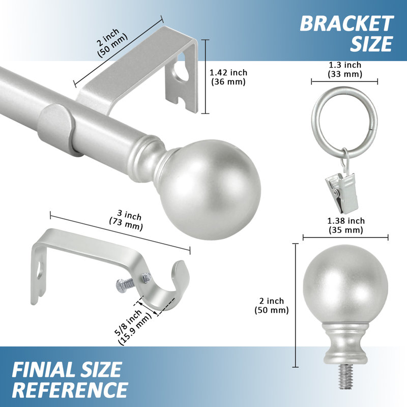 Tringle à rideaux simple ajustable Plante Ball, H 0,625 po x l 48 po x P 0,625 po, Étain