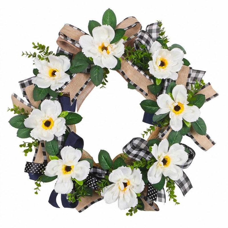 Couronne de magnolia artificielle 17,7 pouces pour porte d'entrée avec arc à carreaux pour porche