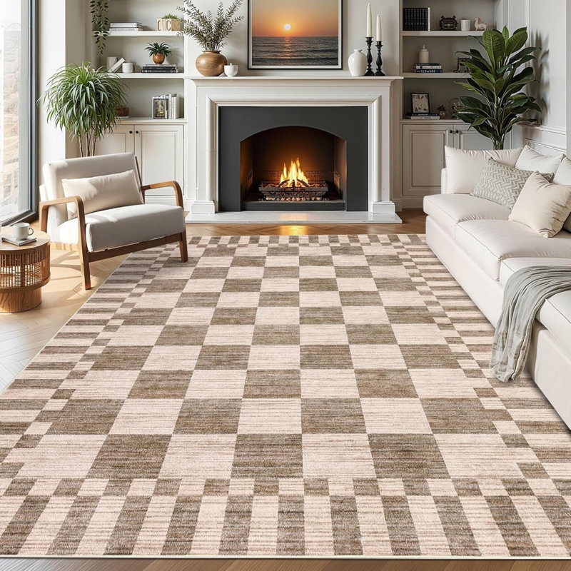 Brown Beige Abstract Checkered 5' x 7' Rug for Bedroom Hallway