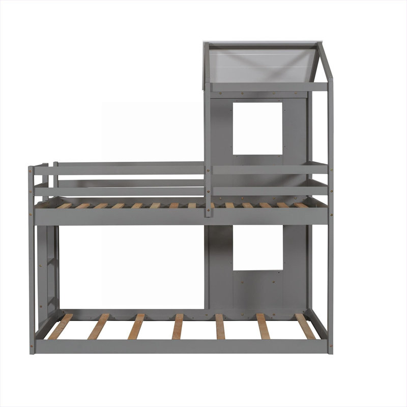 Solid Wood Twin Over Twin Platform Bunk Bed, Compact Playhouse Design with Safety Guardrail and Ladder, Neutral Gray