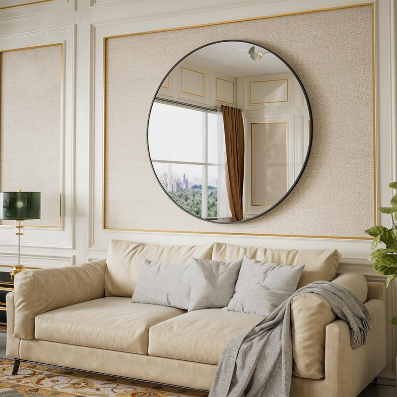 Miroir rond de 42 po, miroir circulaire à cadre en métal, fixation murale pour entrée, salle de bain, meuble-lavabo, salon, noir
