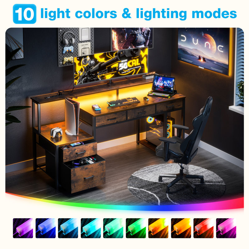Valerio 55"W Reversible Writing Desk With Drawers And Monitor Shelf,Computer Desk With RGB Led Lights & Power Outlet