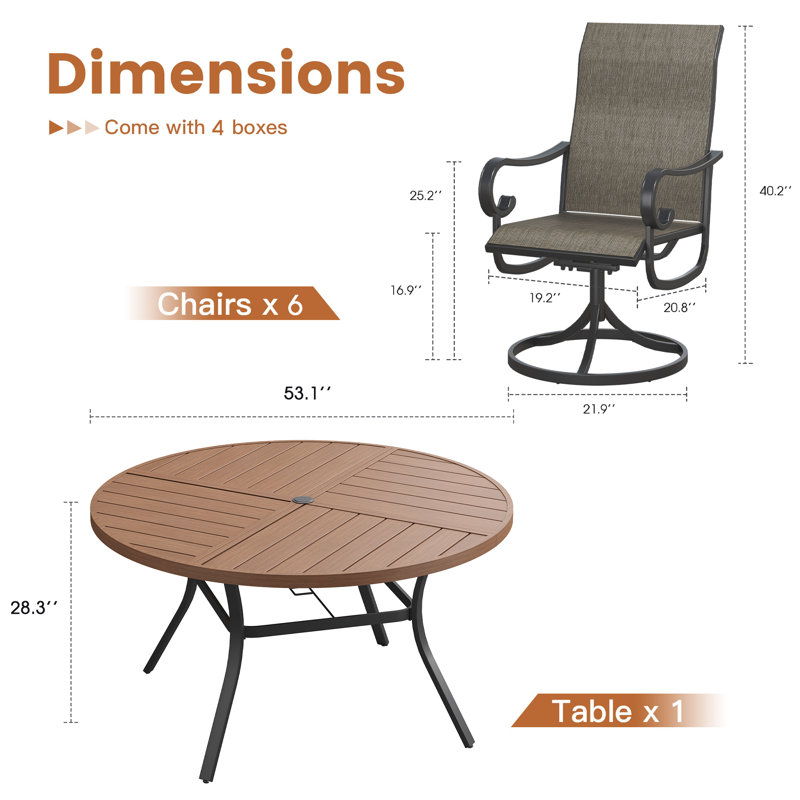 Ensemble de salle à manger pour 6 personnes avec table de salle à manger ronde en métal 53 po et 6 chaises de salle à manger pivotantes en textilène