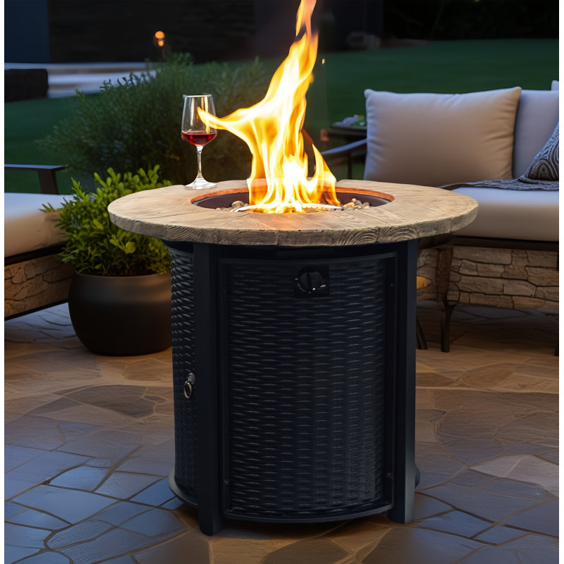 30" Propane Gas Fire Pit Table, 50000 Btu Round Steel Fire Pit With Imitation Wood Grain Finish For Outside Patio Deck Garden Backyard