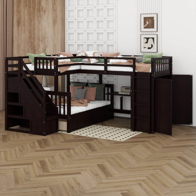 Twin-Twin Over Full L-Shape Bunk Bed With Storage Stairs And Portable Desk, Wood Bunk Bed With Wardrobe And 3 Drawers
