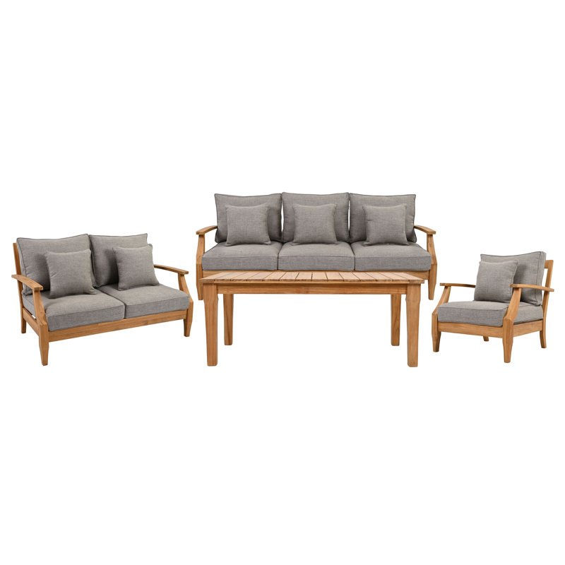 Ensemble de conversation en bois de teck massif avec coussins 4 pièces Clairmont, Taupe