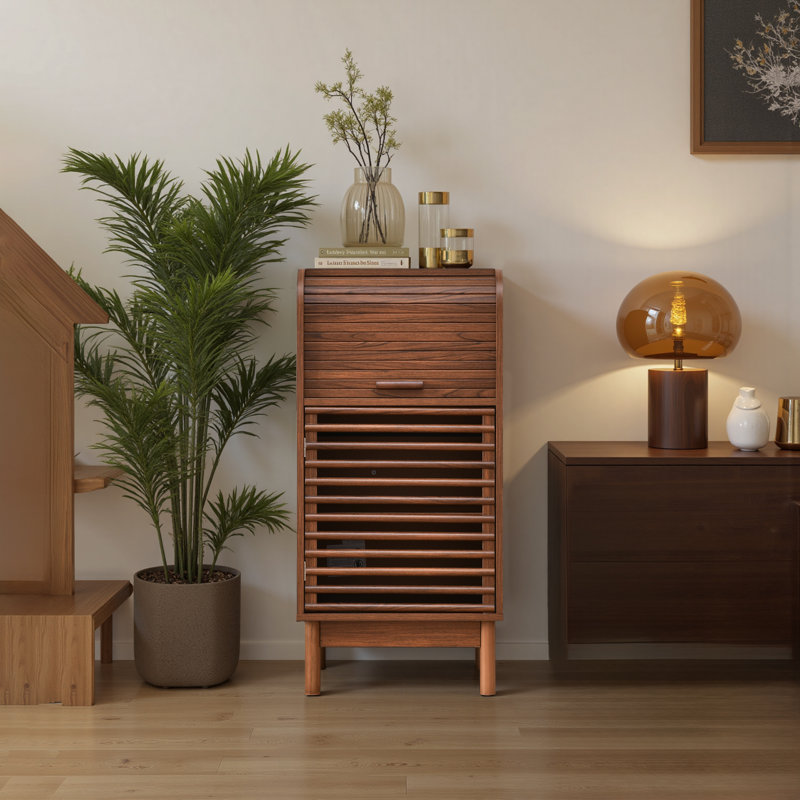 36” Tall Brown Cabinet With Roll-Up Door And Adjustable Shelf – Modern Slatted Storage Organizer