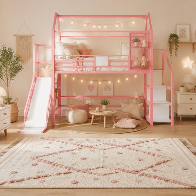 Twin House Loft Bed With Slide And Stairs, Metal Playhouse Bed With Storage Shelves