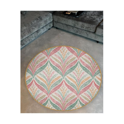 Machine Washable Light Tone Colored Floral Flower Patterned Round Woven Base Modern Decorative Rug