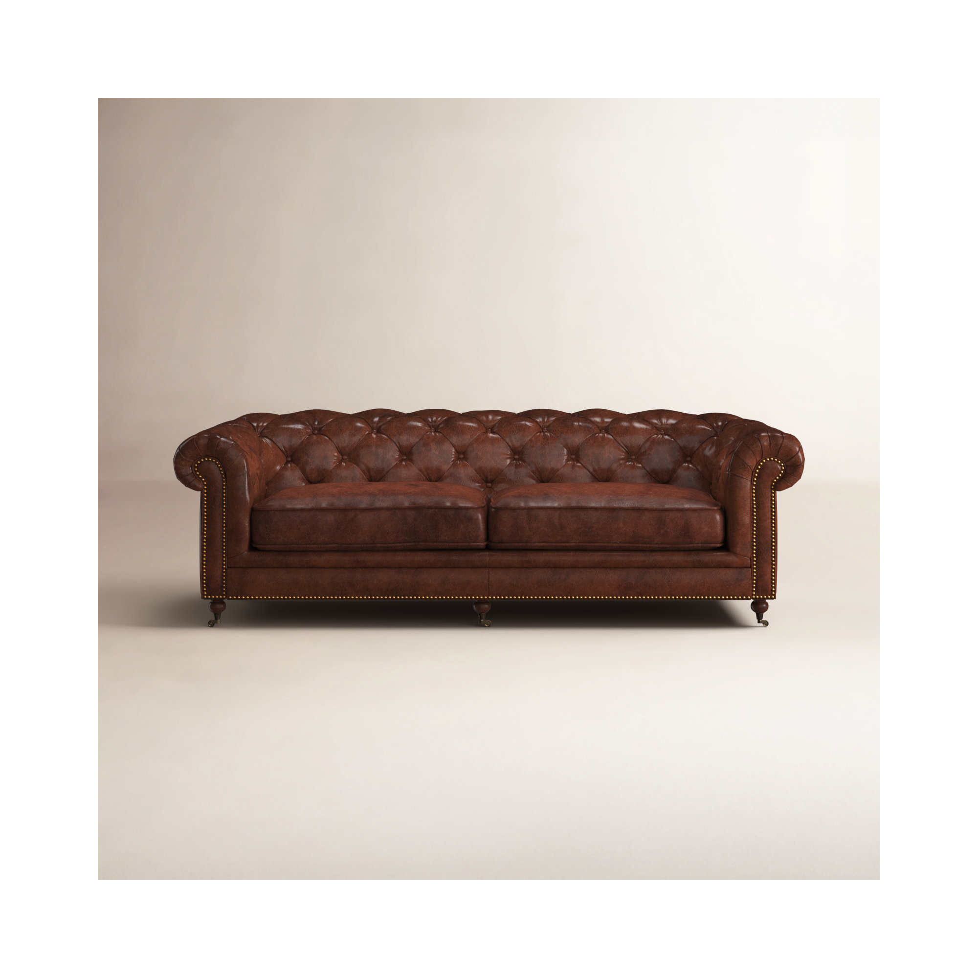 Idalia 87" Genuine Leather Rolled Arm Chesterfield Sofa with Reversible Cushions, Brown Genuine Leather