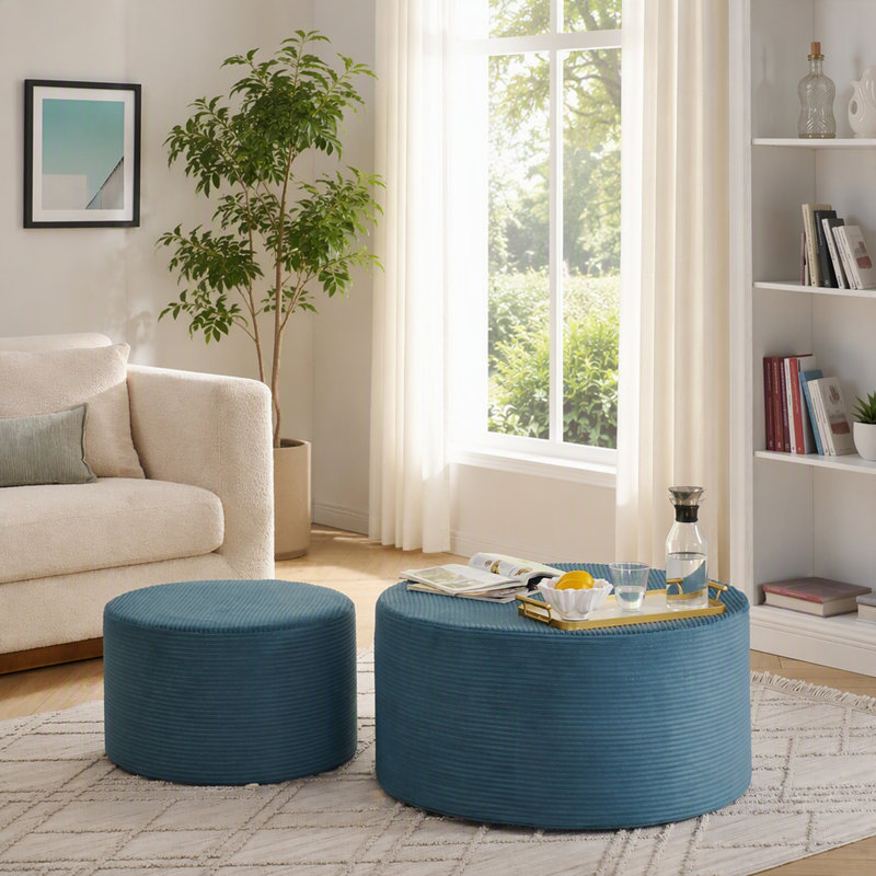Ensemble de 2 poufs cylindriques rembourrés avec siège et repose-pieds polyvalents, Blue