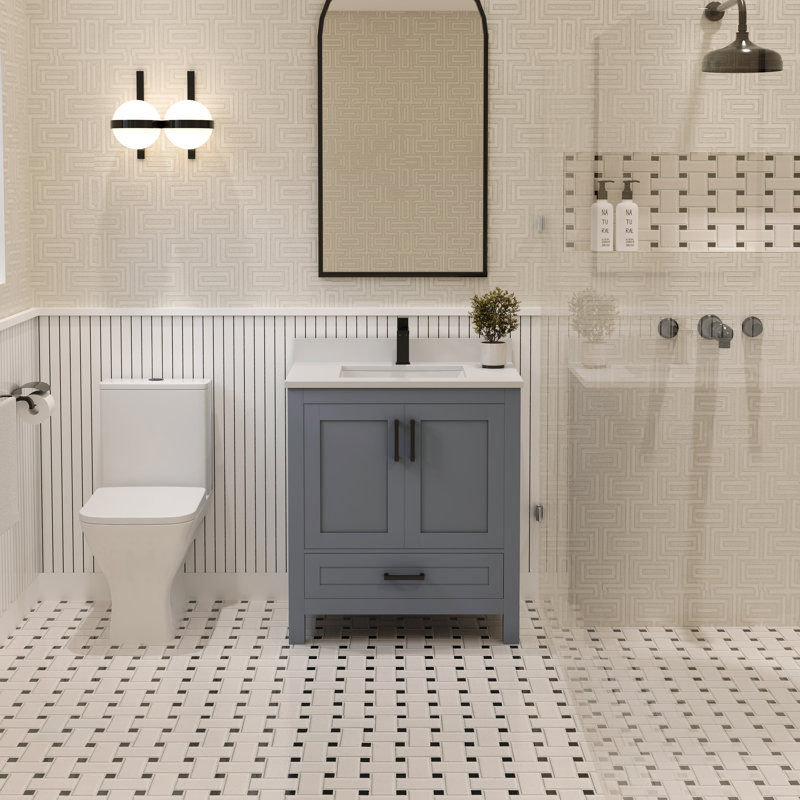 Meuble-lavabo simple 30 po avec plateau en quartz blanc Rooh, Gris, Noir mat