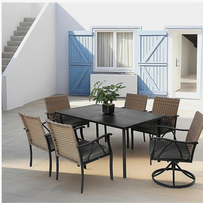 Ensemble de salle à manger 7 pièces pour patio, ensemble de meubles en osier pour terrasse de jardin avec 2 coussins pivotants, 4 coussins, plateau de table et coussins amovibles