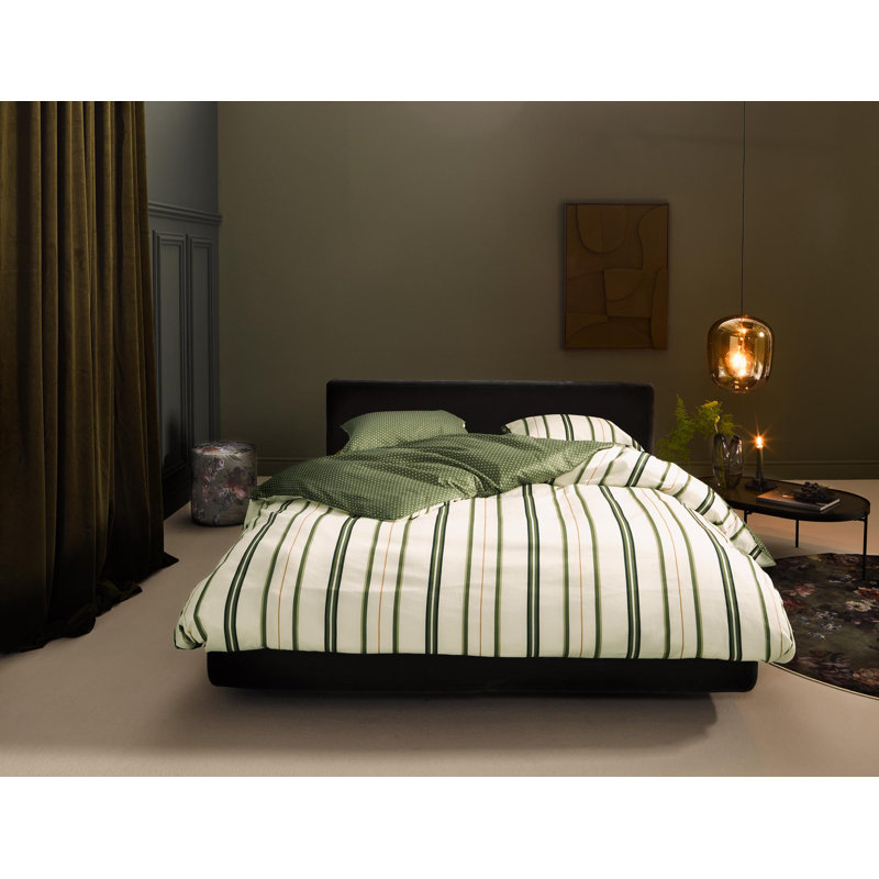 Meryl Satin Striped Duvet Cover with Pillowcases, Green